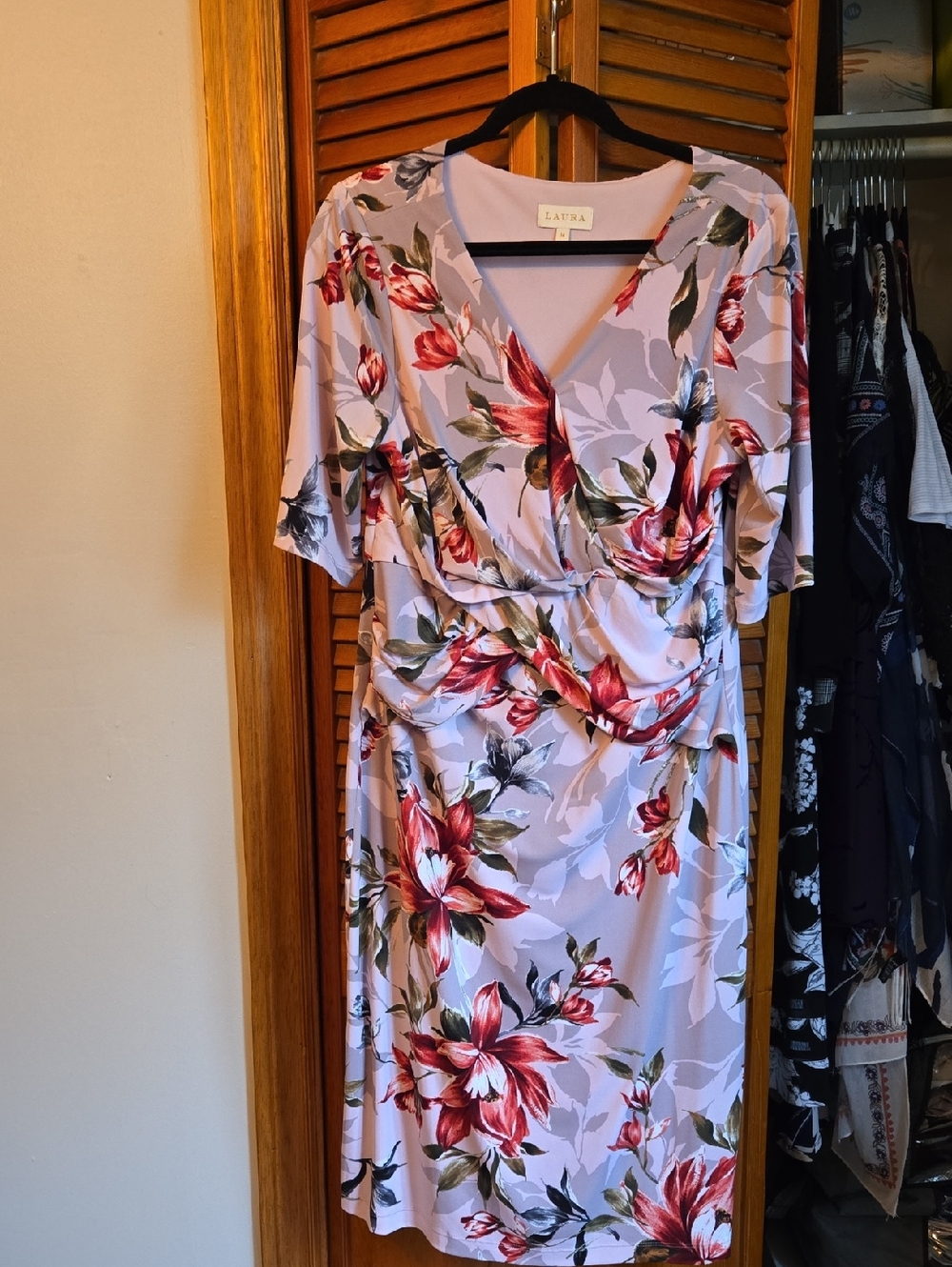 Aura Lavender Floral Faux-Wrap Midi Dress with Red Blossoms